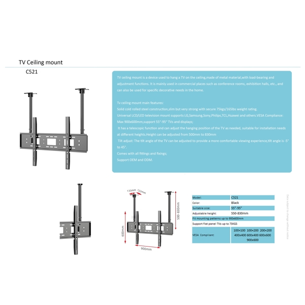 TV Ceiling Mount, Allscreen C521, 55"-95", Black