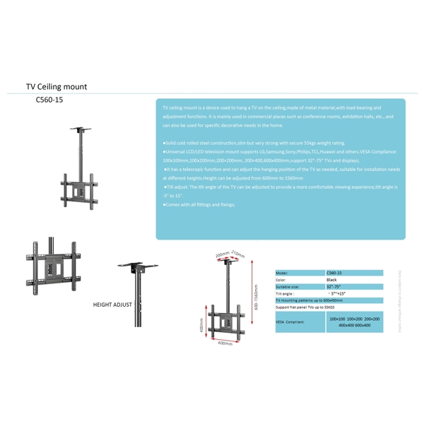 TV Ceiling Mount Allscreen C560-15, 32"-75", Black