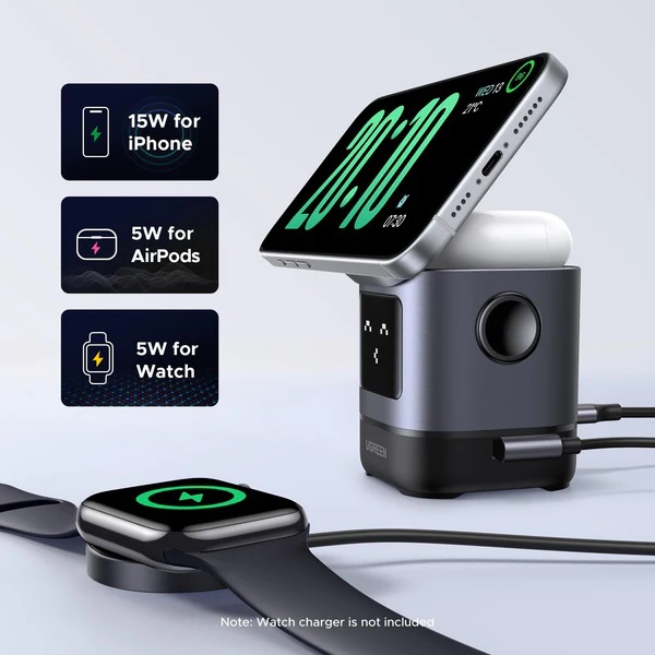 უსადენო დამტენი UGREEN Uno W709 (45775) Qi2, 15W, 2-in-1 Magnetic Wireless Charger, Black/Grey