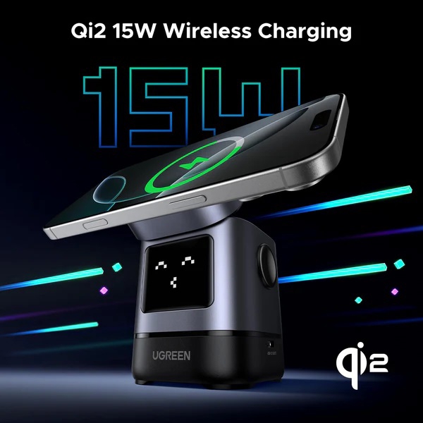 უსადენო დამტენი UGREEN Uno W709 (45775) Qi2, 15W, 2-in-1 Magnetic Wireless Charger, Black/Grey