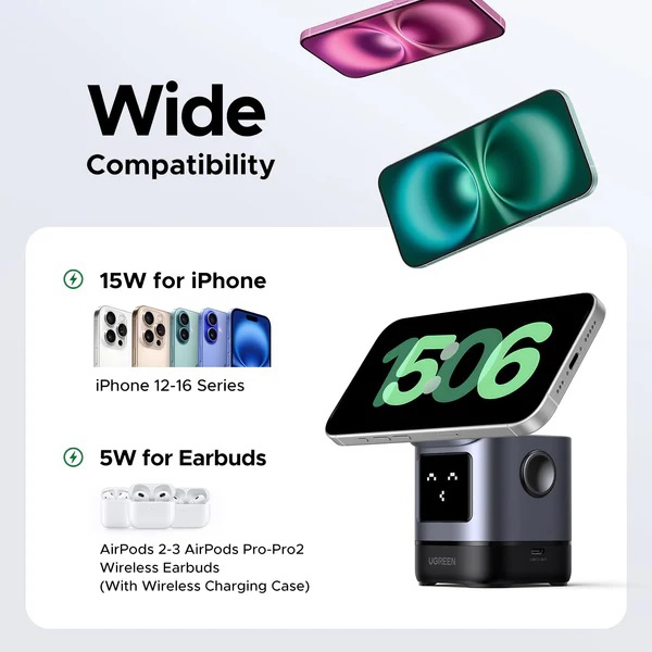 უსადენო დამტენი UGREEN Uno W709 (45775) Qi2, 15W, 2-in-1 Magnetic Wireless Charger, Black/Grey