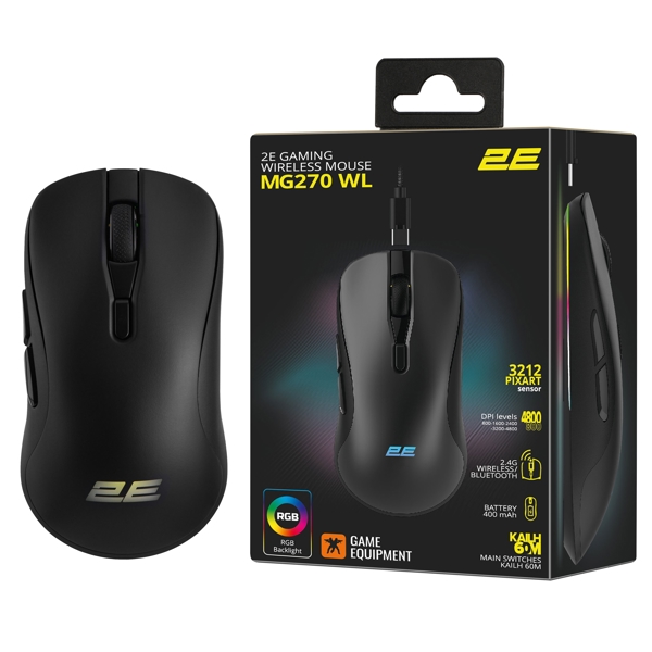 მაუსი 2E 2E-MG270UB-WL, Wireless, RGB, 2.4G, Bluetooth, Gaming Mouse, Black
