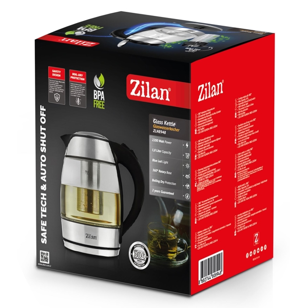 ელექტრო ჩაიდანი Zilan ZLN8948, 2200W, 1.8L, Electric Kettle, Silver/Black