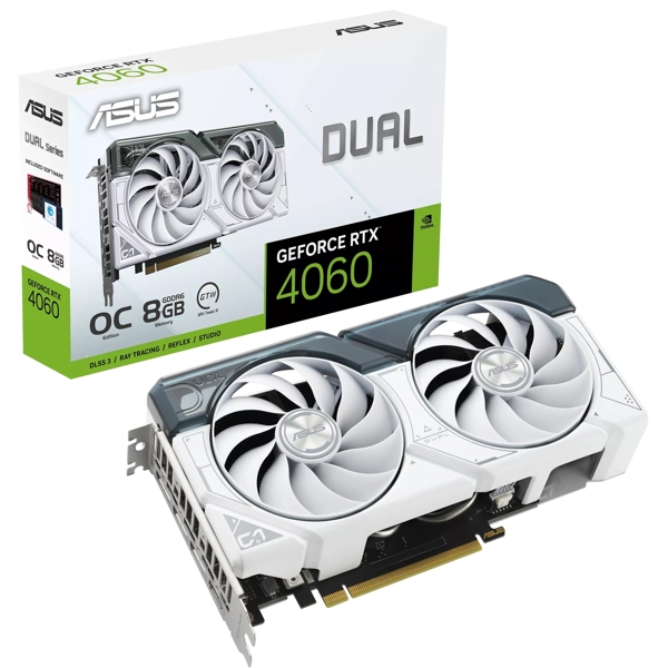 Graphic Card Asus 90YV0JCB-M0NA00 DUAL OC EVO DUAL-RTX4060-O8G-EVO-WHITE, GeForce RTX4060 8GB, 128bit, HDMI, DP, White