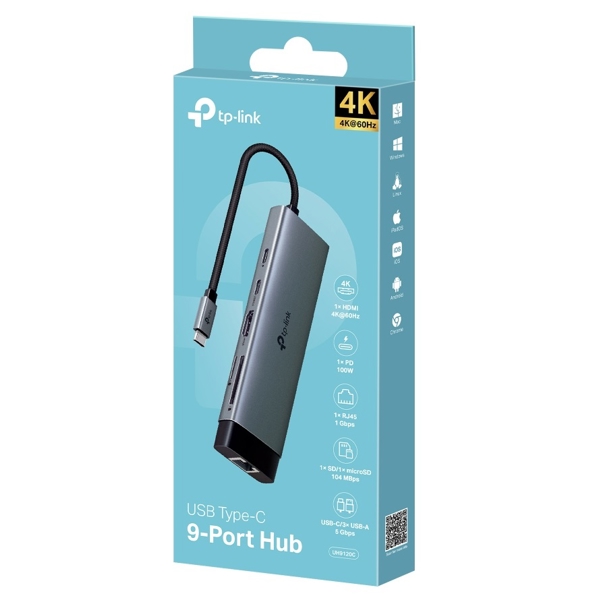 USB Type-C 9-in-1 HUB TP-Link UH9120C, 9-in-1, USB, Type-C, HDMI, PD, SD, microSD, Grey