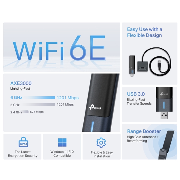 Wi-Fi 6E High Gain Wireless USB Adapter, TP-Link Archer TXE50UH, Grey
