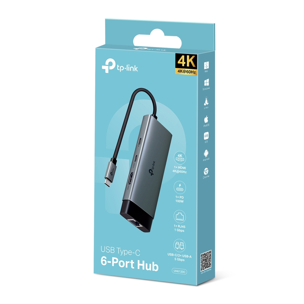 HUB TP-Link UH6120C, 6-in-1, USB, USB Type-C, HDMI, PD, RJ-45, Grey