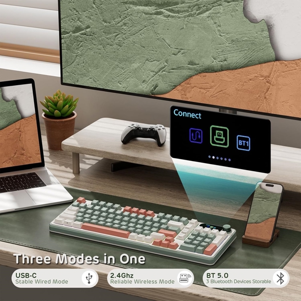 კლავიატურა Royal Kludge RK S98 RGB Mechanical Keyboard, Brown switch, Smart Display, Hot Swappable, Type-C wired, Bluetooth 5.0, 2.4GHz, Camping
