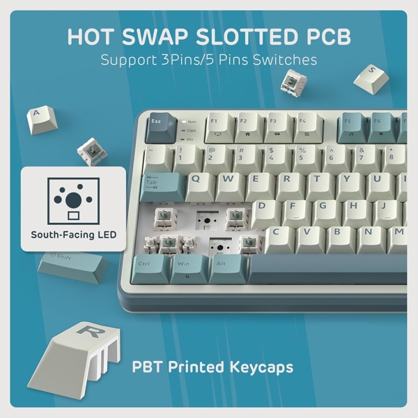 კლავიატურა Royal Kludge RKS98 RGB Mechanical Keyboard, Chartreuse switch, Smart Display, Hot Swappable, Type-C wired, Bluetooth 5.0, 2.4GHz, Light Cloud