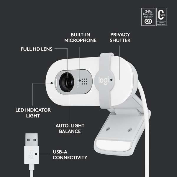 Webcam Logitech L960-001617 Brio 100, FHD, Built-in Microphone, White