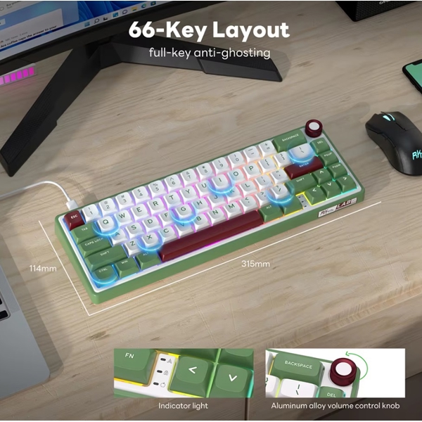 Mechanical Keyboard Royal Kludge RK R65 RGB, Brown switch, Hot Swappable, Type-C wired, Green sand