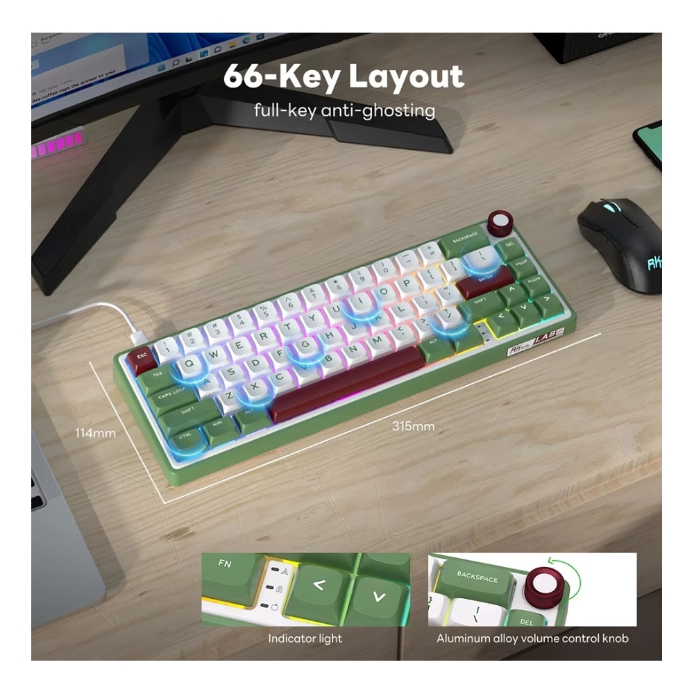 კლავიატურა Royal Kludge RKR65 RGB Mechanical Keyboard, Brown switch, Hot Swappable, Type-C wired, Green sand