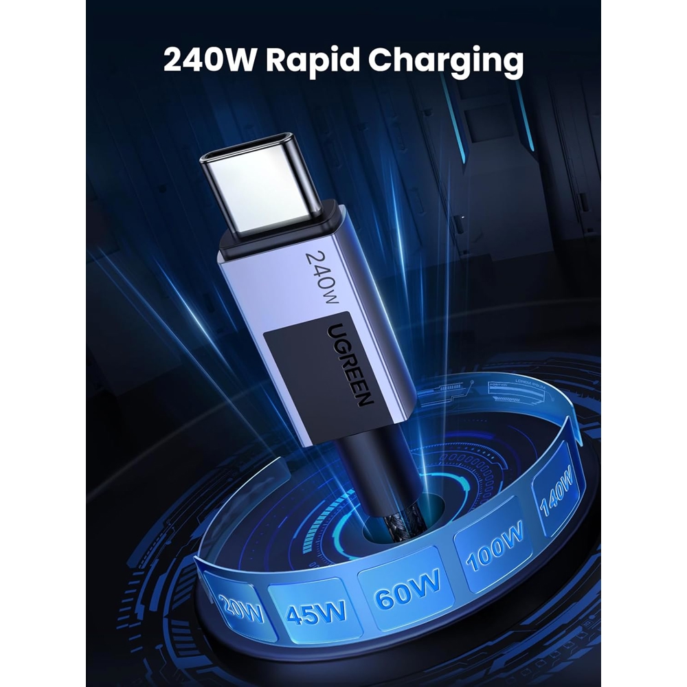 USB კაბელი UGREEN L513 (45068), 240W, Type-C to Type-C PD Fast Charging Cable, 2m, Space Gray