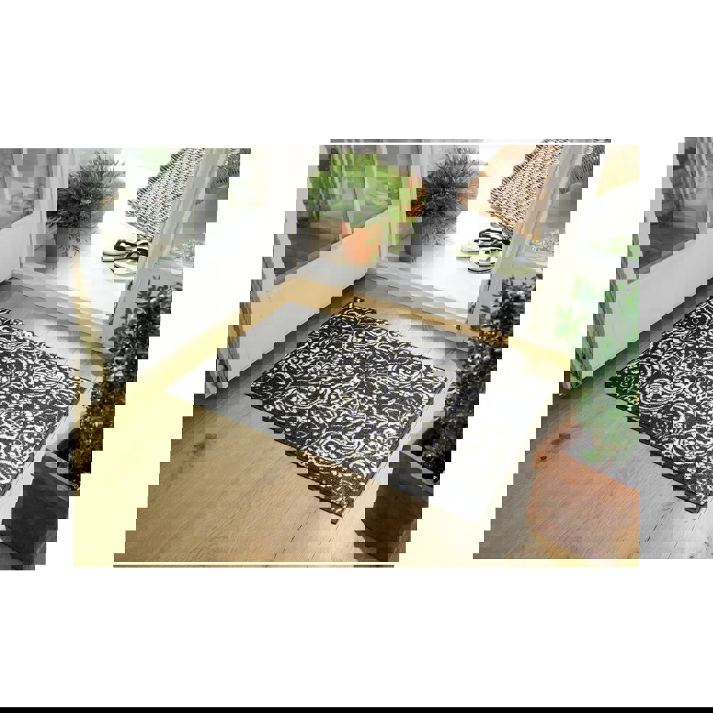 ფეხსაწმენდი ხალიჩა OEM MJDDES507510F00184 Folk Paisley, 50x75cm, Doormat, Black/White