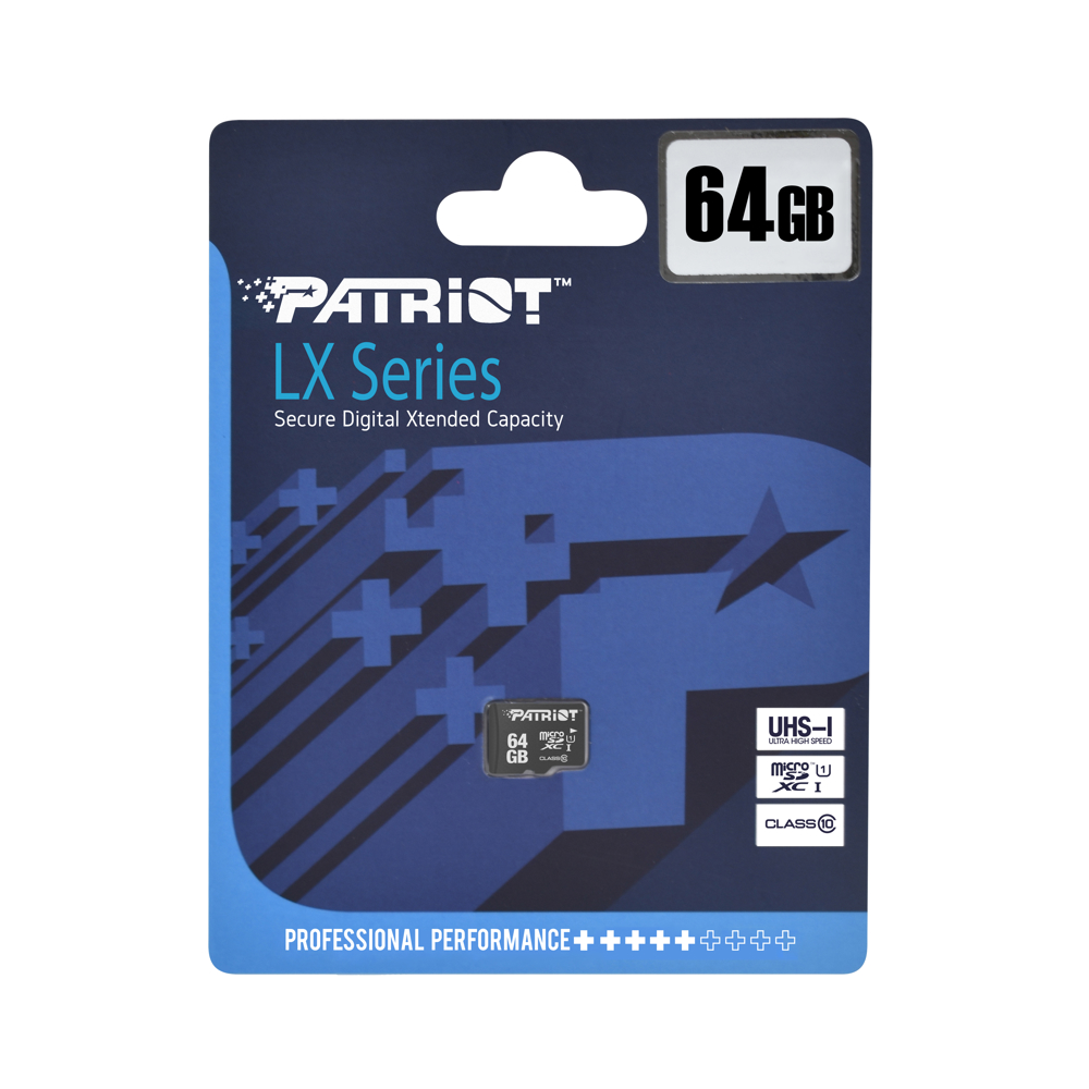 მეხსიერების ბარათი Patriot PSF64GMCSDXC10 LX Series, 64GB, microSDXC, C10, UHS-I, Black
