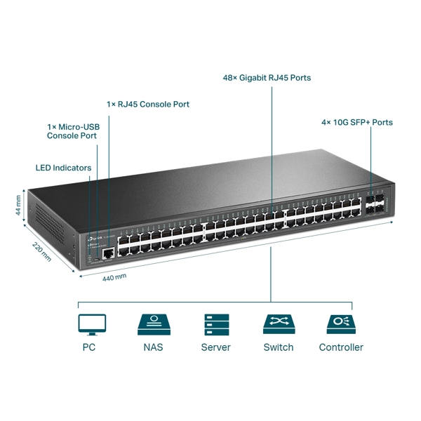Switch TP-Link TL-SG3452X JetStream, 48-Port Gigabit, Black