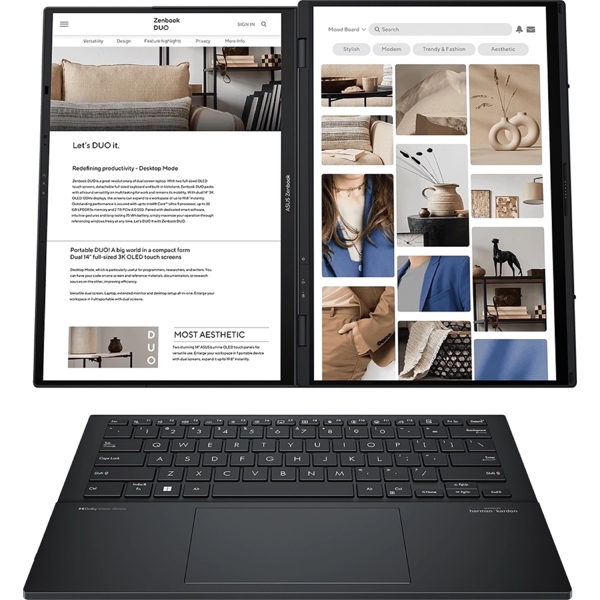 ნოუთბუქი Asus 90NB14X1-M00340 Zenbook Duo OLED, 14", Ultra 7-255H, 16GB, 1TB SSD, Integrated, W11H, Grey