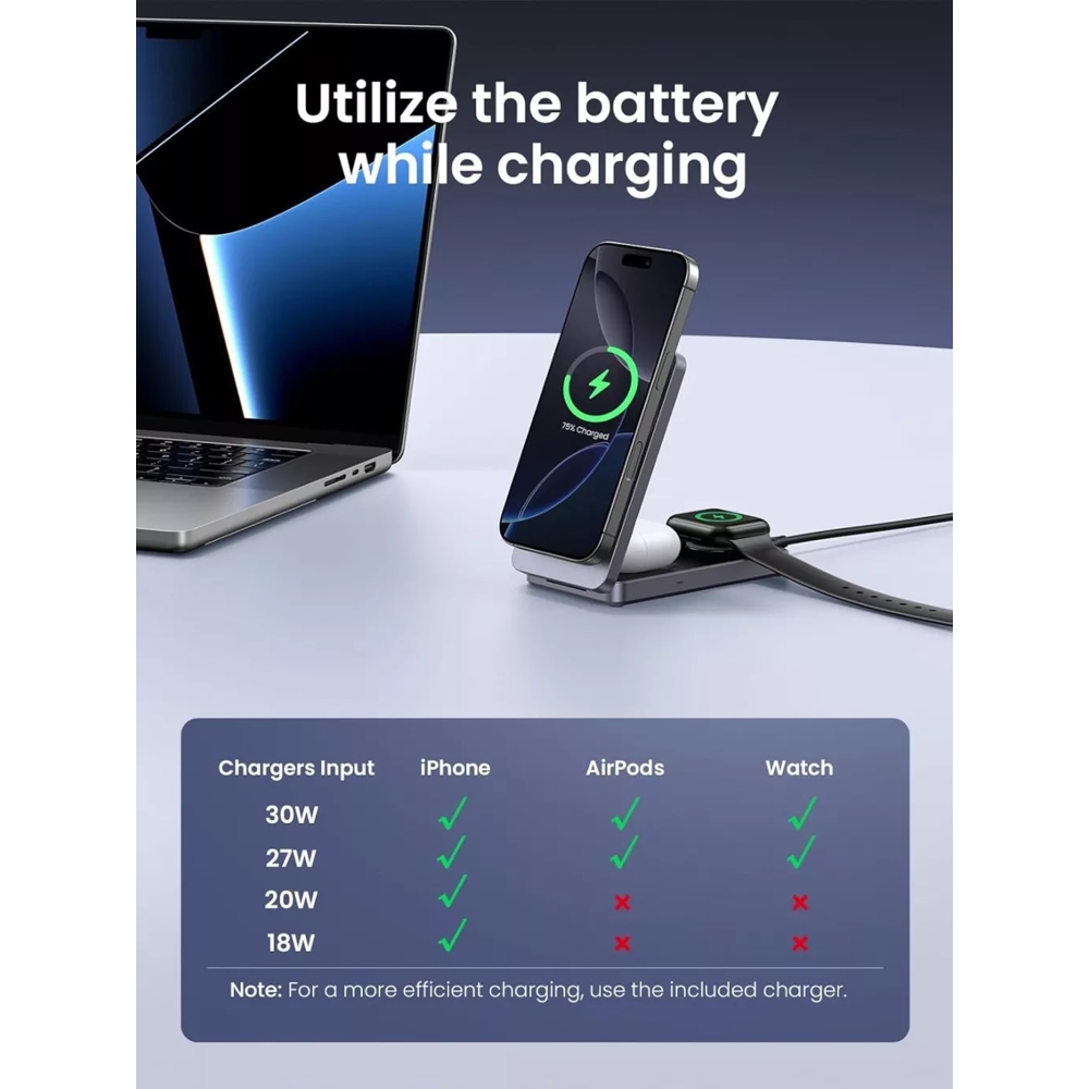 უსადენო დამტენი UGREEN W707 (45025) Qi2 MagFlow, 15W, Wireless Charging Station With 30W Type-C Charger, Space gray