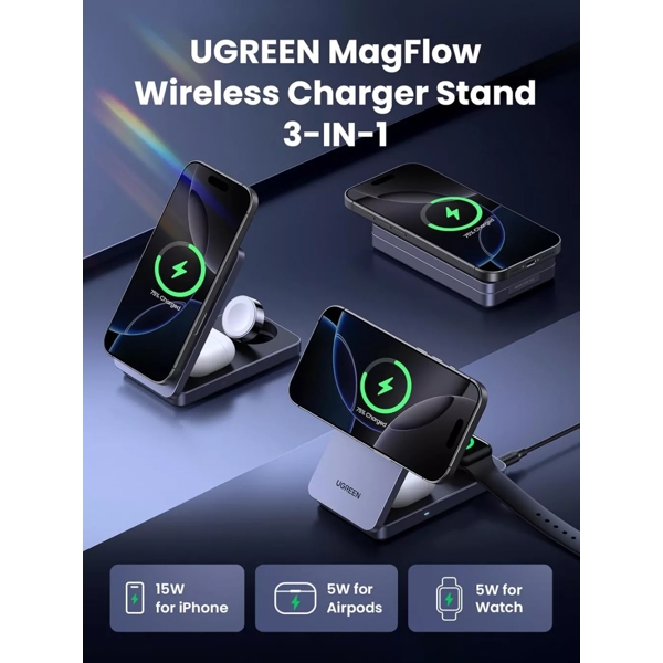 უსადენო დამტენი UGREEN W707 (45025) Qi2 MagFlow, 15W, Wireless Charging Station With 30W Type-C Charger, Space gray