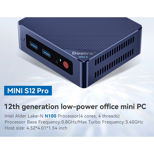 Mini PC Beelink MINI S12 Pro, Intel N100, 16GB, 500GB SSD, Integrated, W11P, Blue