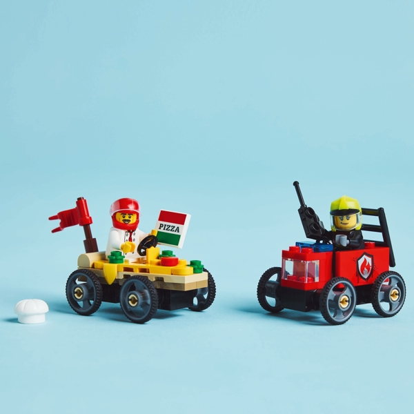 ასაწყობი კონსტრუქცია Lego 60458, Pizza vs. Fire Truck Race Car Pack, Prefabricated Construction