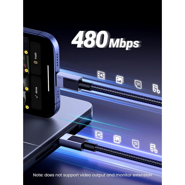 USB კაბელი UGREEN L512 (45063), 100W, Type-C to Type-C PD Fast Charging Cable, 1m, Space Gray