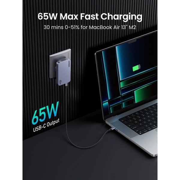 Ultra Slim Travel Adapter UGREEN X753 (25356) Nexode Pro, 65W, USB, Type-C, Grey