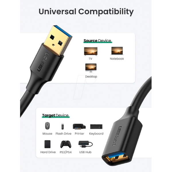 Extension Male Cable UGREEN US129 (30127), USB 3.0 Male to USB Female, 3m, Black