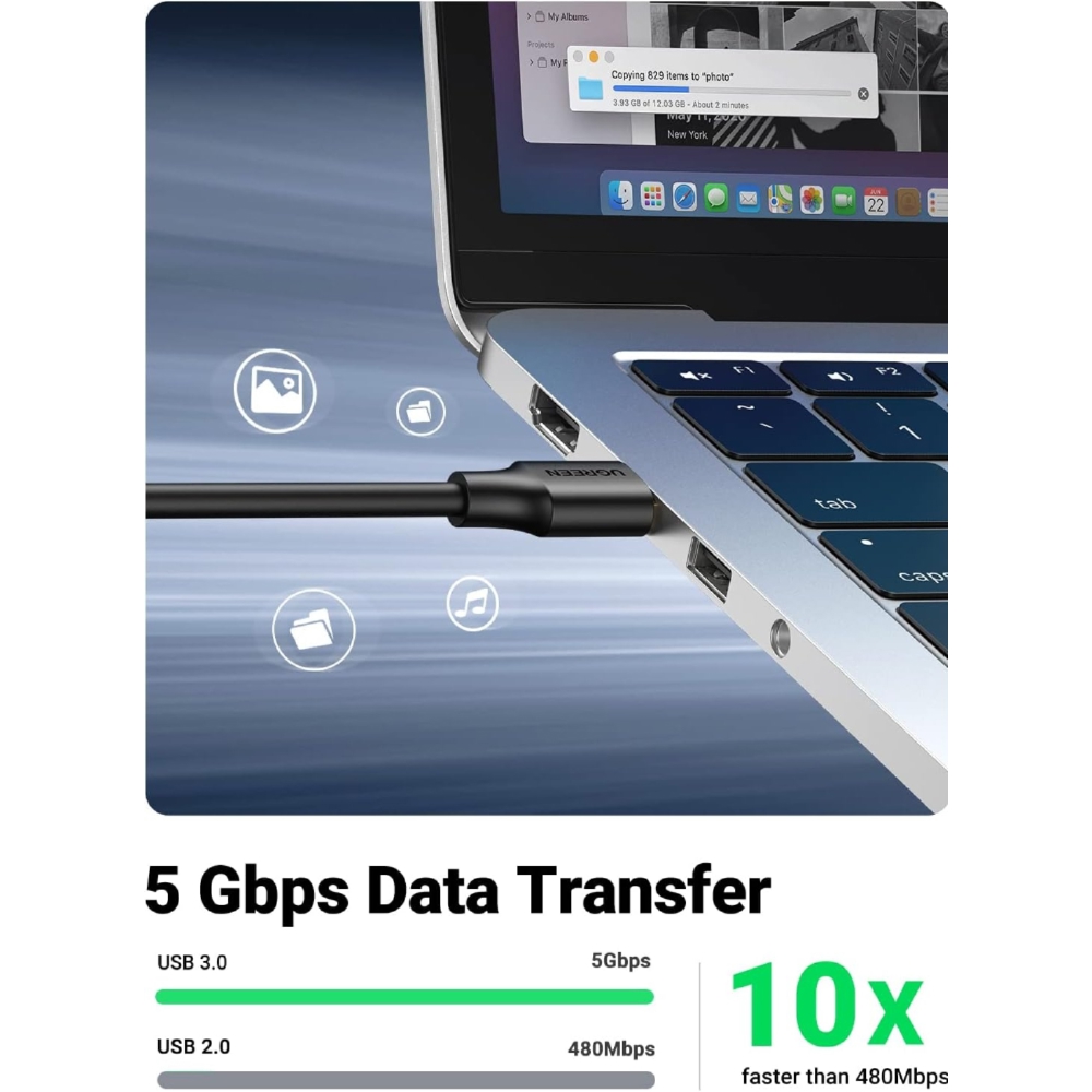 Extension Male Cable UGREEN US129 (30127), USB 3.0 Male to USB Female, 3m, Black