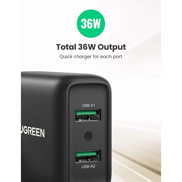 მობილურის დამტენი UGREEN CD161 (10216), 36W, USB, Fast Charger, Black
