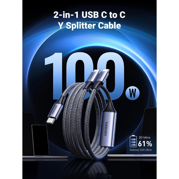 USB კაბელი UGREEN US561 (35087), 100W, Type-C to Type-C Cable, 1.5m, Grey