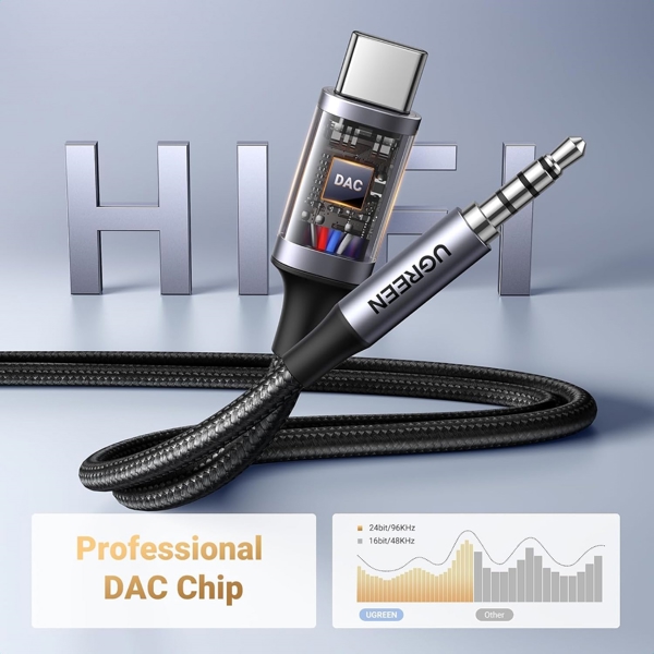 აუდიო ადაპტერი UGREEN CM734 (35056), Type-C to 3.5mm Aux Cable, 1M, Grey