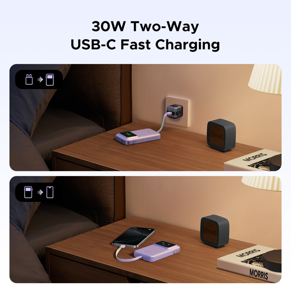 პორტატული დამტენი UGREEN PB511 (35604B) Uno, 10000mAh 30W, USB, Type-C, Power Bank With Built In Cable, Purple