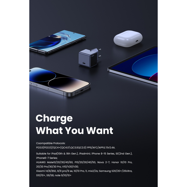 მობილურის დამტენი UGREEN X503 (35041) Nexode Air, 30W, Type-C, Grey