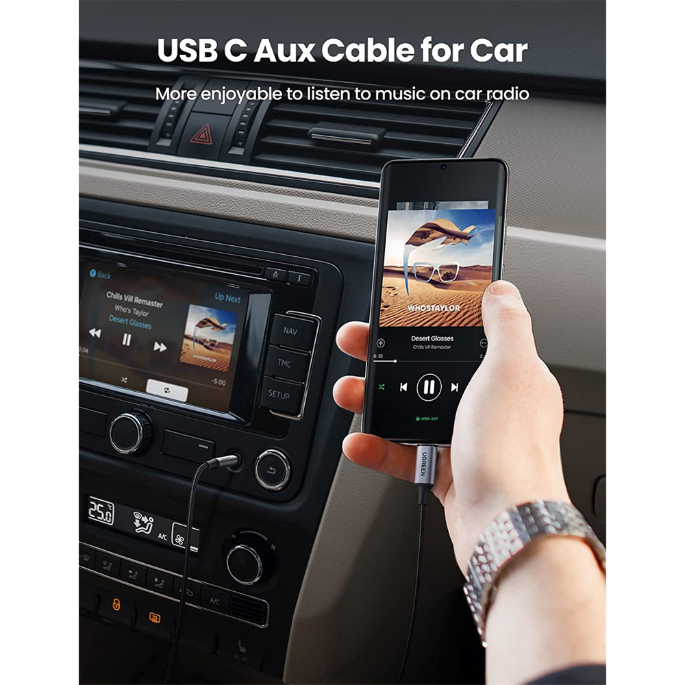 აუდიო ადაპტერი UGREEN CM450 (20192), Type-C  To 3.5mm Aux Audio Cable With Chip, 1m, Black/Grey