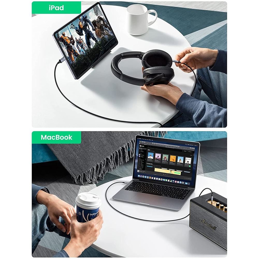 აუდიო ადაპტერი UGREEN CM450 (20192), Type-C  To 3.5mm Aux Audio Cable With Chip, 1m, Black/Grey