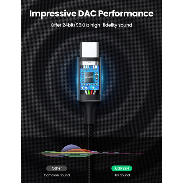 Type-C Male To 3.5mm Male Audio Cable With Chip UGREEN CM450 (20192), 1m, Black/Grey