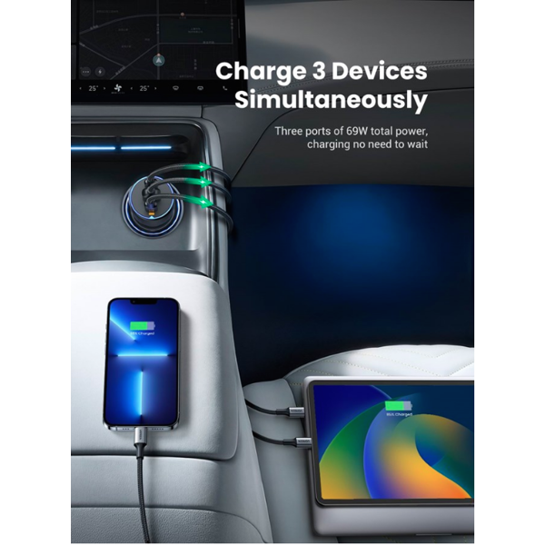 მანქანის დამტენი UGREEN EC703 (35024), 75W, Type-C, USB-A, Grey