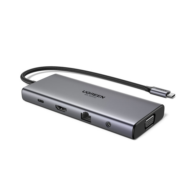 11-in-1 USB-C Hub UGREEN CM639 (45520), Type-C, USB-A, HDMI, VGA, RJ45, SD/TF, 3.5MM, PD, Grey