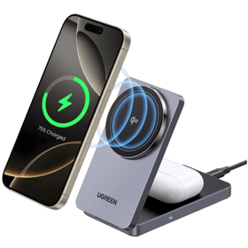 2-in-1 Magnetic Wireless Charger UGREEN W706 (45023) MagFlow Qi2, 15W, Grey