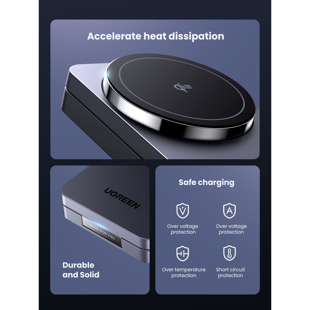 უსადენო დამტენი UGREEN W706 (45023) MagFlow Qi2, 15W, 2-in-1 Magnetic Wireless Charger, Grey
