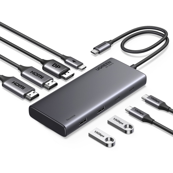 USB-C ჰაბი UGREEN CM639 (35625) Revodok 308, HDMI, DP, Type-C, USB-A, PD, Hub, Grey