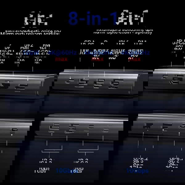 USB-C ჰაბი UGREEN CM639 (35625) Revodok 308, HDMI, DP, Type-C, USB-A, PD, Hub, Grey
