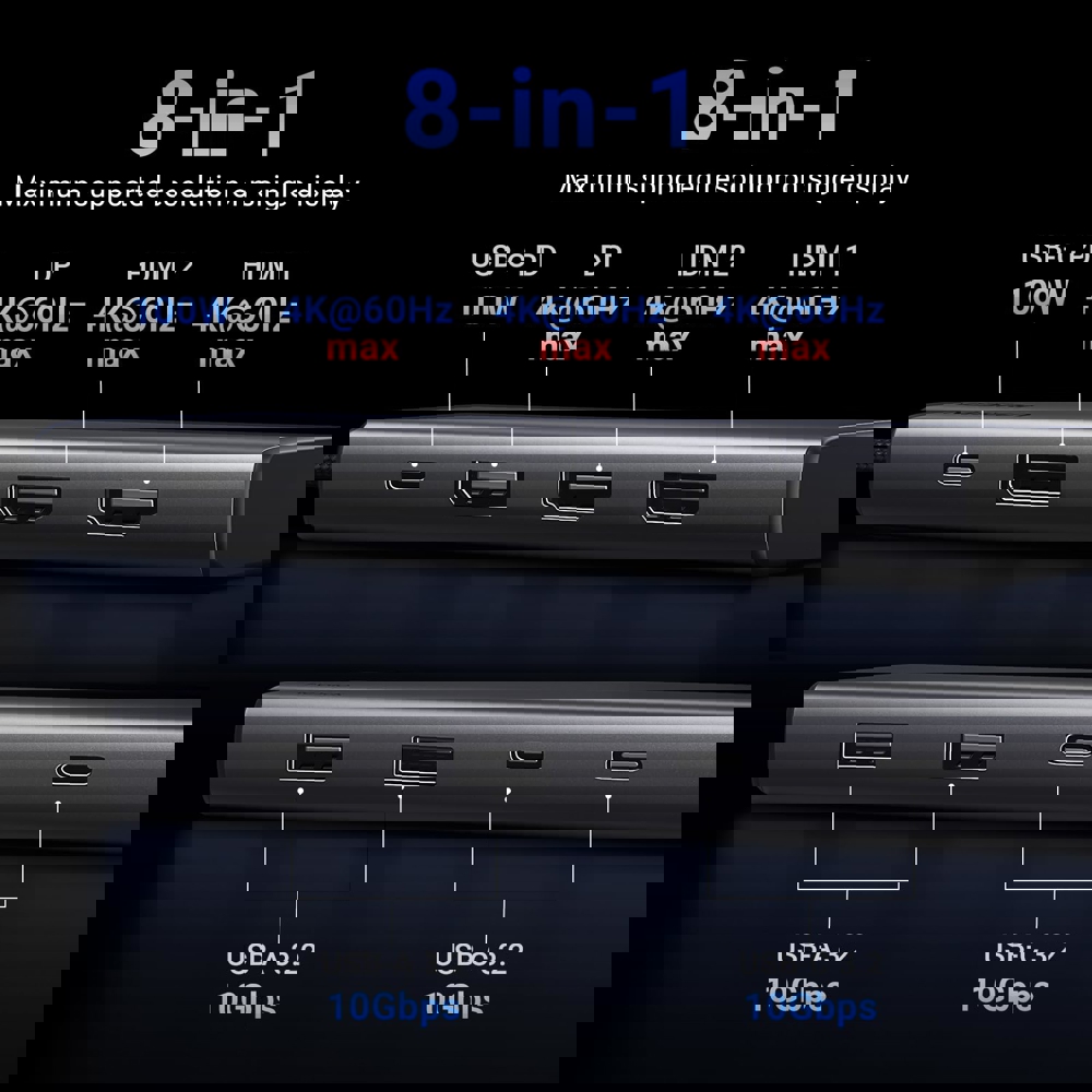 8 in 1 USB C Docking Station UGREEN CM639 (35625) Revodok 308, HDMI, DP, Type-C, USB-A, PD, Grey