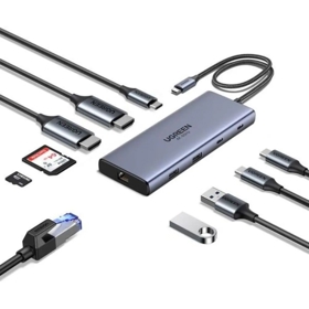 10-in-1 USB-C Hub UGREEN CM639 (45380), HDMI, Type-C, USB-A, RJ45, SD/TF, Grey