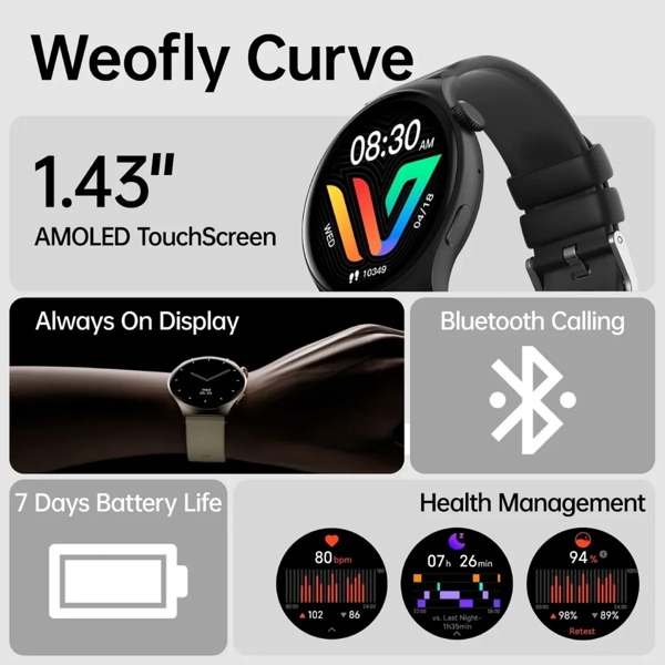 სმარტ საათი Weofly Curve, 1.43", IP68, Bluetooth, Smart Watch, Black