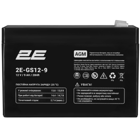 უწყვეტი კვების წყაროს ელემენტი 2E 2E-GS12-9, 12V, 9Ah, AGM VRLA, Uninterruptible Power Supply Element, Black