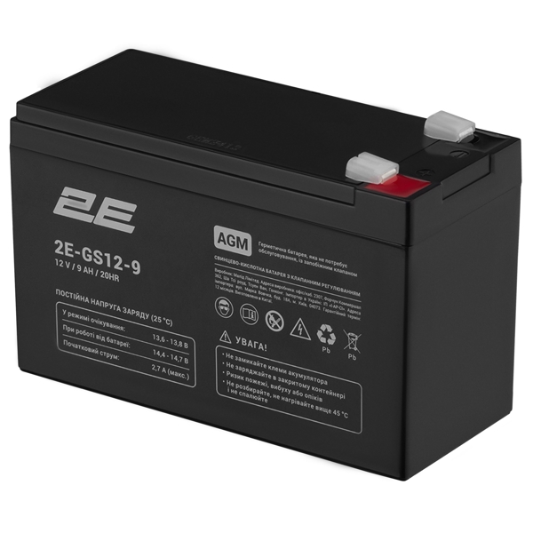 უწყვეტი კვების წყაროს ელემენტი 2E 2E-GS12-9, 12V, 9Ah, AGM VRLA, Uninterruptible Power Supply Element, Black