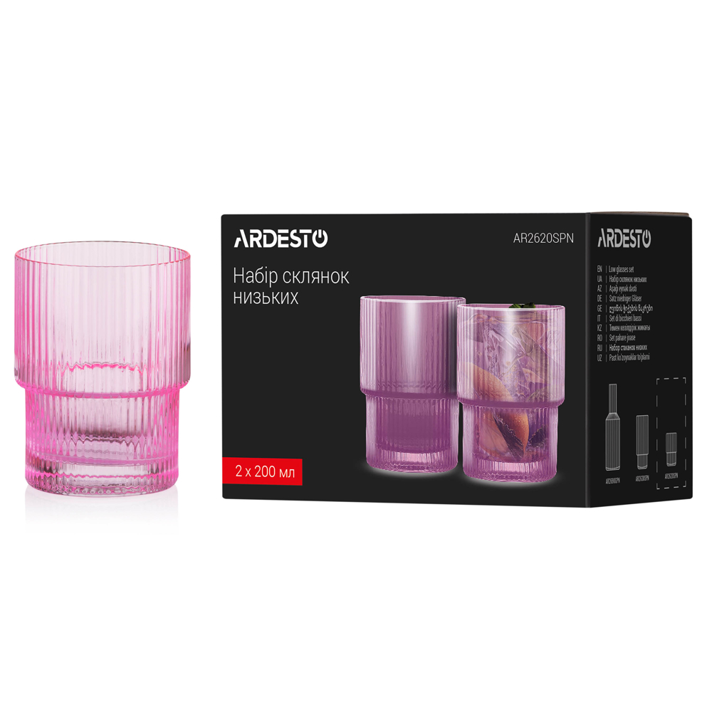 ჭიქების ნაკრები Ardesto AR2620SPN, 0.2l, 2pcs, Low Glasses Set, Pink