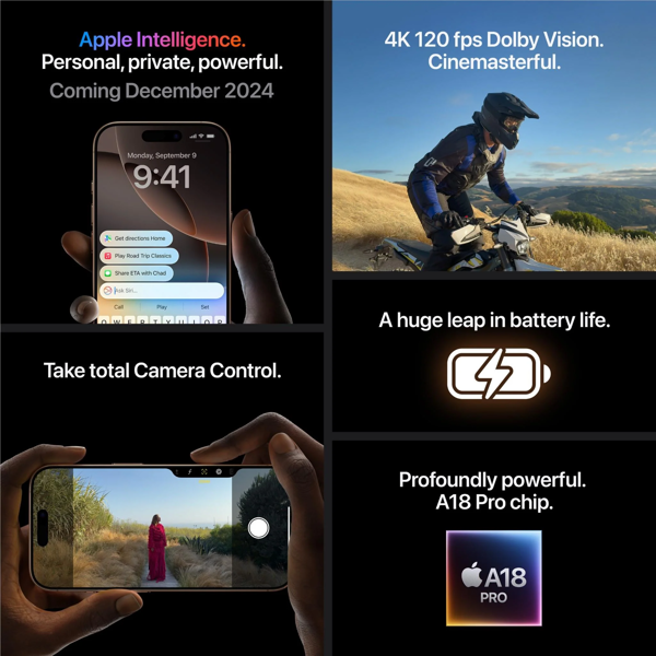 მობილური ტელეფონი Apple iPhone 16 Pro, 8GB, 512GB, SIM1 + ESIM, 5G, NFC, White Titanium